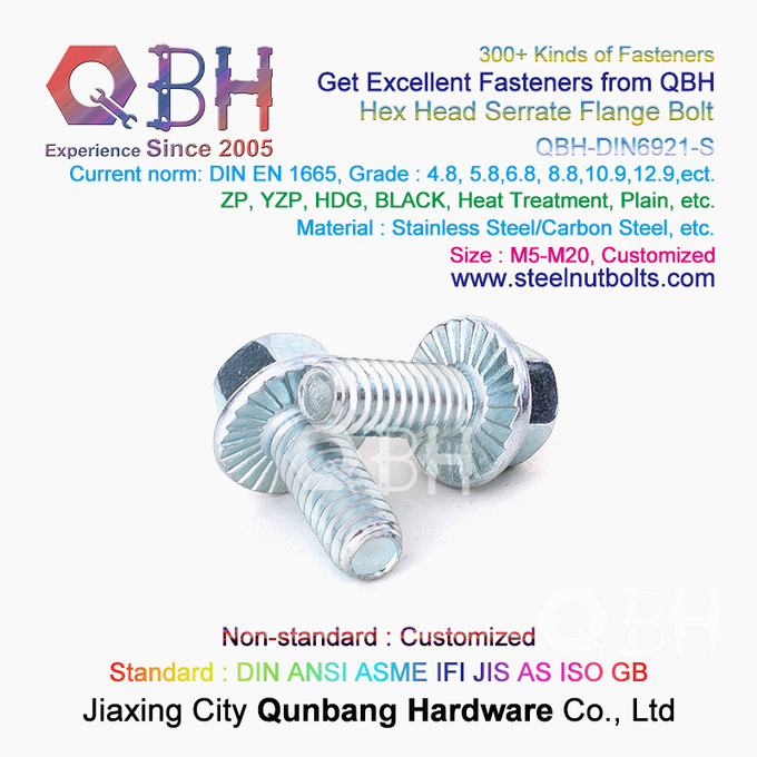 QBH DIN 6921 Gr. 4.8/6.8/8.8/10.9/12.9 Carbon SS304 SS316 Stainless Steel Toothed Flange Self Locking Lock Bolt 1